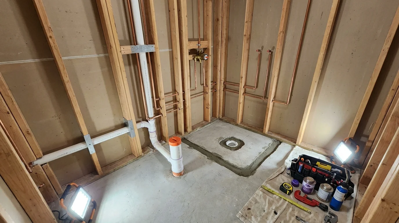 Bathroom rough-in plumbing during remodel by Johns Plumbing LLC in Beltsville