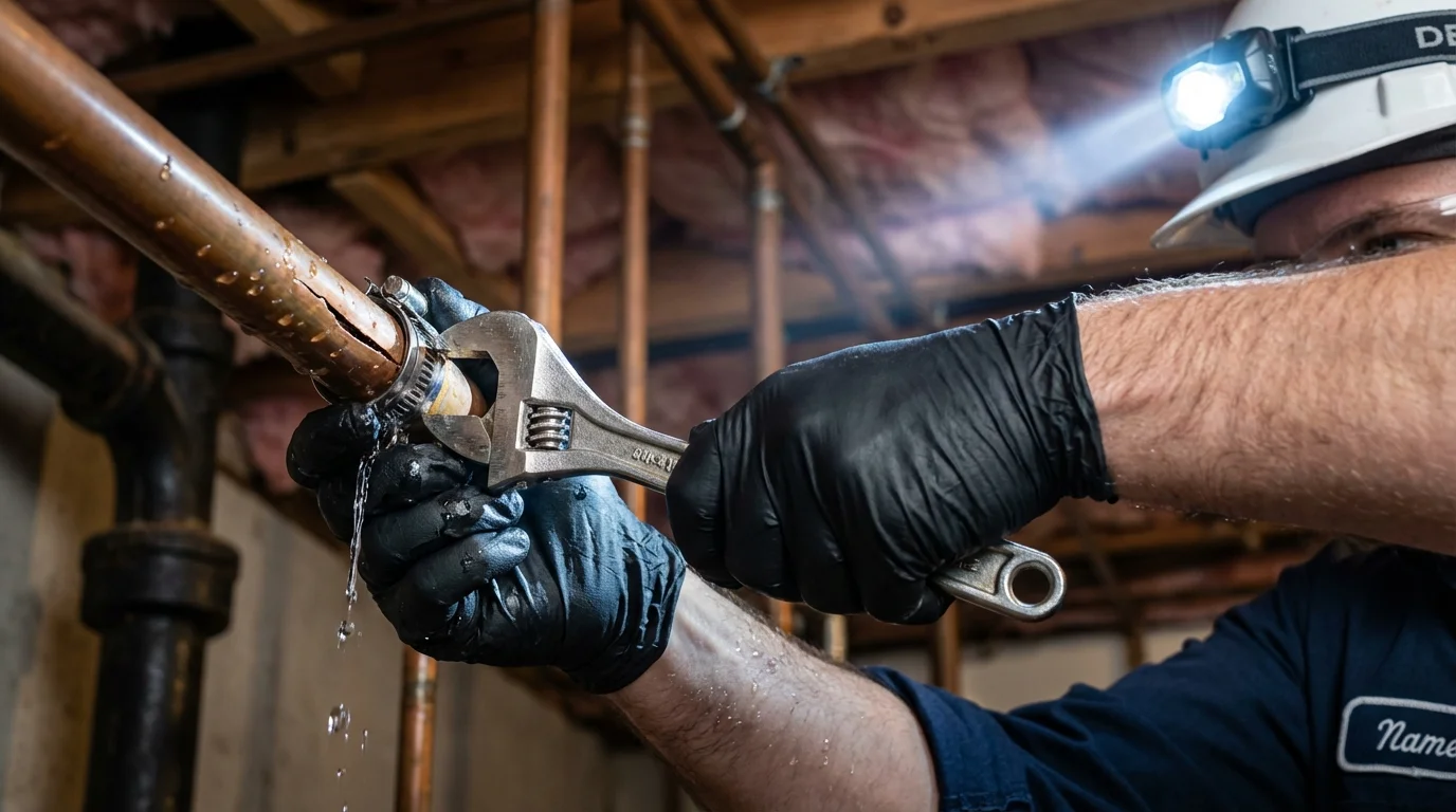 Emergency pipe clamp repair being performed by a Johns Plumbing LLC plumber in Beltsville