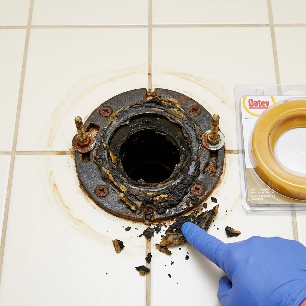 Failed wax ring showing water seepage at the base of a toilet in a Beltsville, MD home