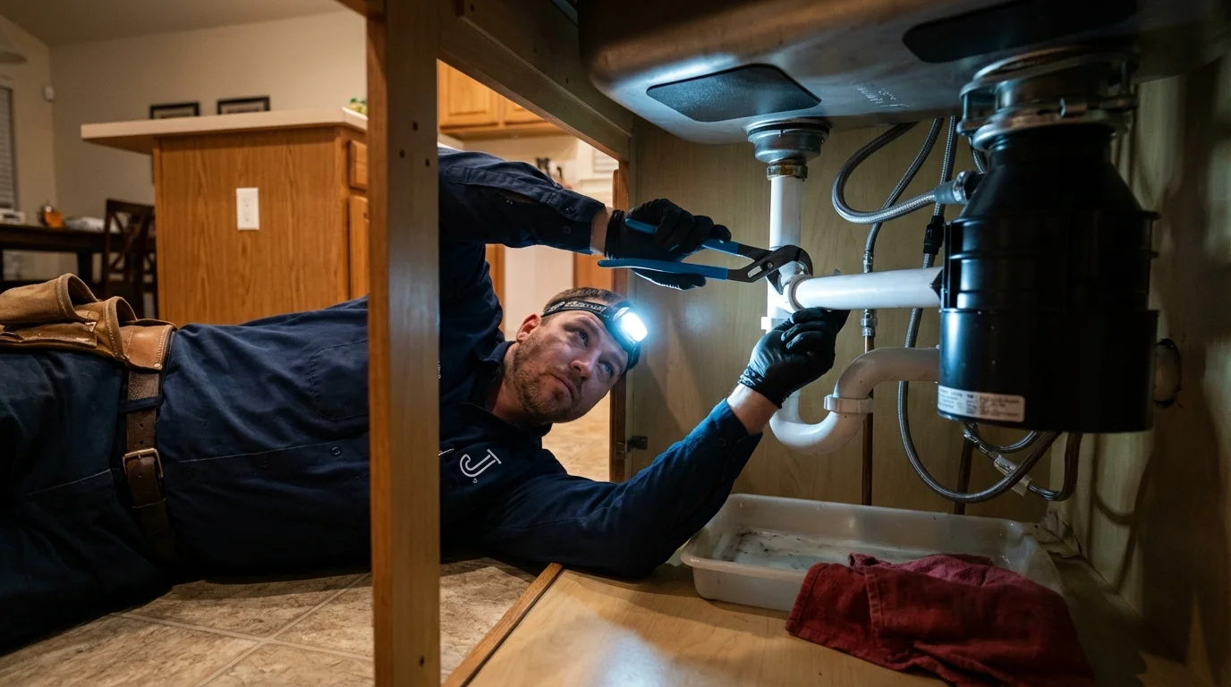 P-trap and supply line connections under a kitchen sink showing a common leak point in Beltsville, MD
